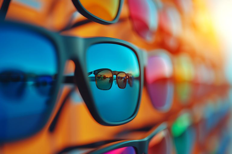 Colorful Sunglasses Display on a Rack